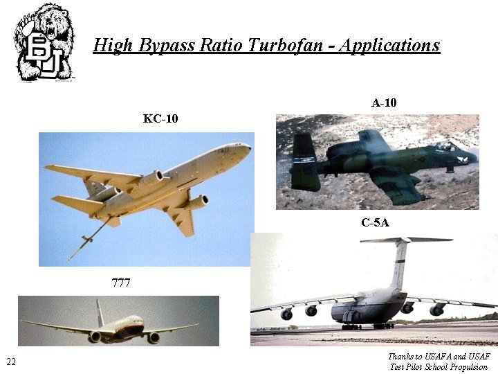High Bypass Ratio Turbofan - Applications A-10 KC-10 C-5 A 777 22 Thanks to