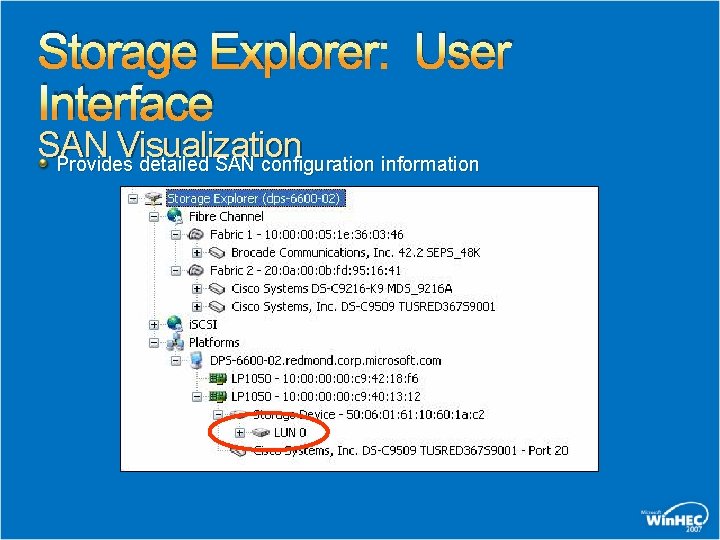 Storage Explorer: User Interface SAN Visualization Provides detailed SAN configuration information 