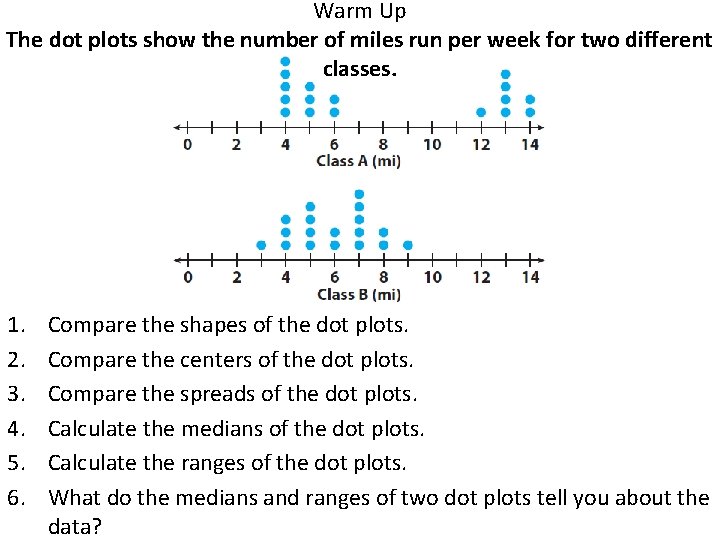 Warm Up The dot plots show the number of miles run per week for