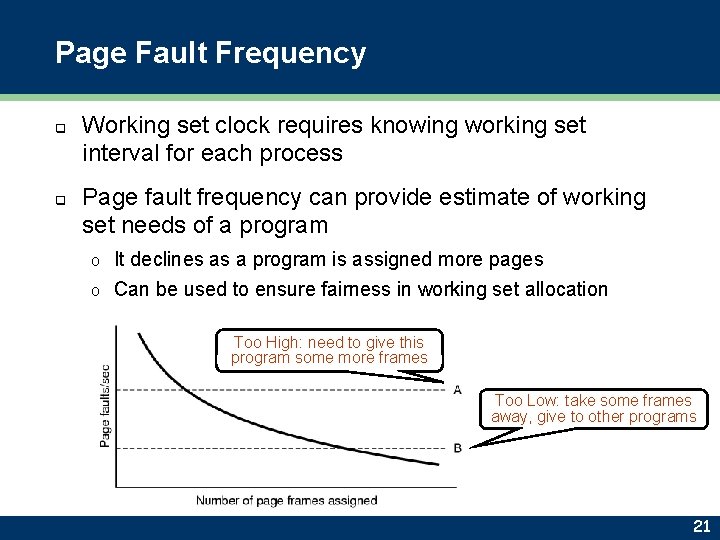 Page Fault Frequency q q Working set clock requires knowing working set interval for