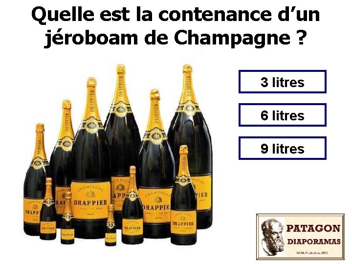 Quelle est la contenance d’un jéroboam de Champagne ? 3 litres 6 litres 9