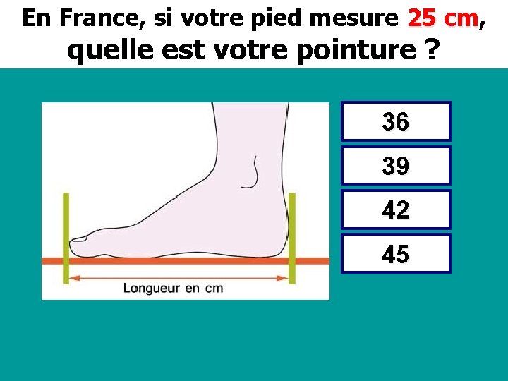 En France, si votre pied mesure 25 cm, cm quelle est votre pointure ?