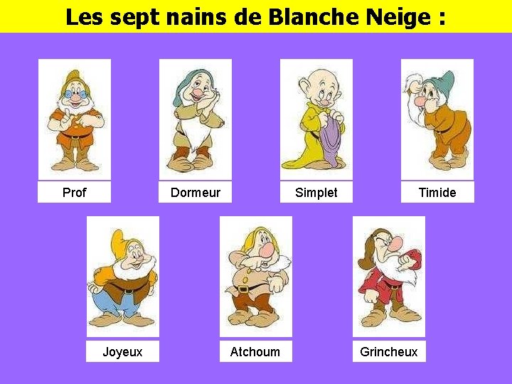 Les sept nains de Blanche Neige : Prof Dormeur Joyeux Simplet Atchoum Timide Grincheux