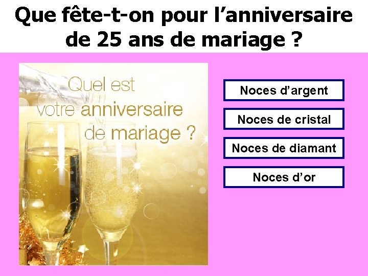 Que fête-t-on pour l’anniversaire de 25 ans de mariage ? Noces d’argent Noces de