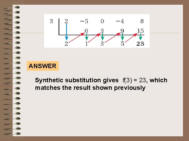ANSWER Synthetic substitution gives f(3) = 23, which matches the result shown previously 
