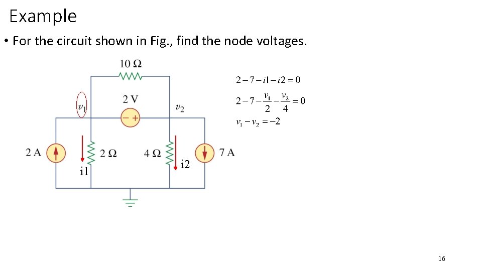 Example • For the circuit shown in Fig. , find the node voltages. i