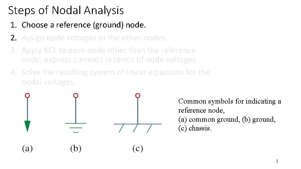 Steps of Nodal Analysis 1. Choose a reference (ground) node. 2. Assign node voltages