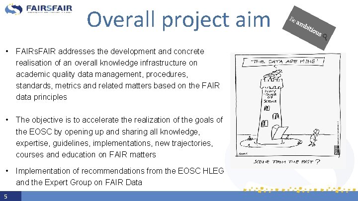 Overall project aim • FAIRs. FAIR addresses the development and concrete realisation of an