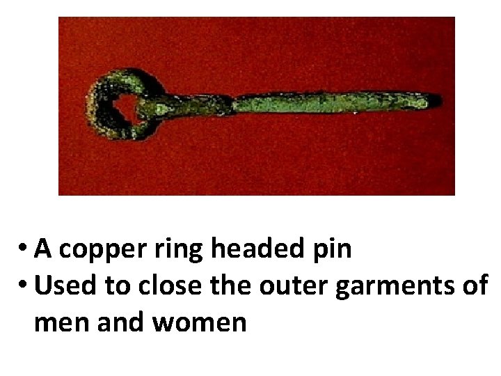  • A copper ring headed pin • Used to close the outer garments