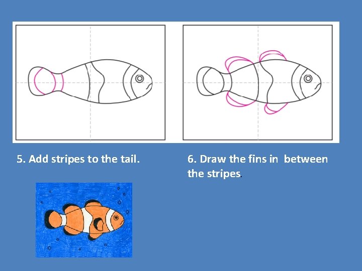 5. Add stripes to the tail. 6. Draw the fins in between the stripes.