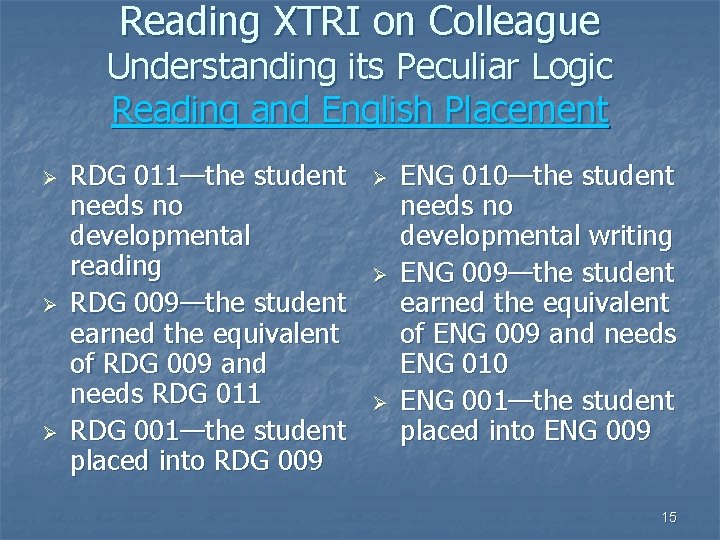 Reading XTRI on Colleague Understanding its Peculiar Logic Reading and English Placement Ø Ø