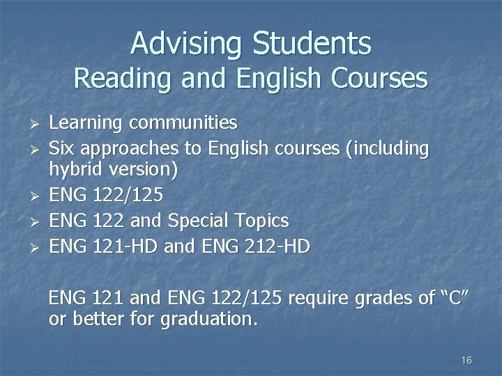 Advising Students Reading and English Courses Ø Ø Ø Learning communities Six approaches to