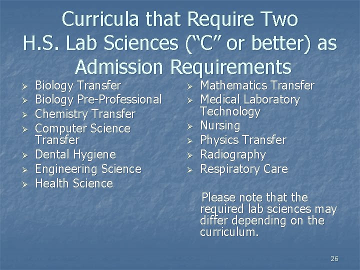 Curricula that Require Two H. S. Lab Sciences (“C” or better) as Admission Requirements