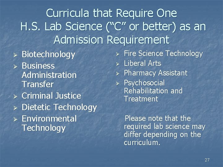 Curricula that Require One H. S. Lab Science (“C” or better) as an Admission