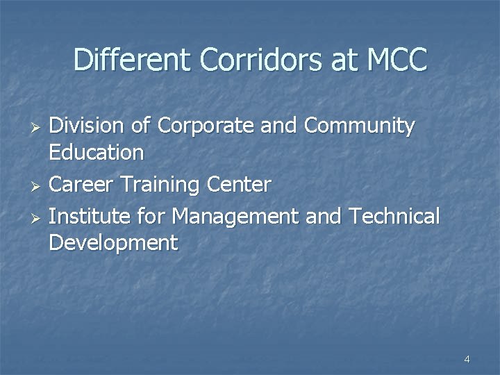 Different Corridors at MCC Division of Corporate and Community Education Ø Career Training Center