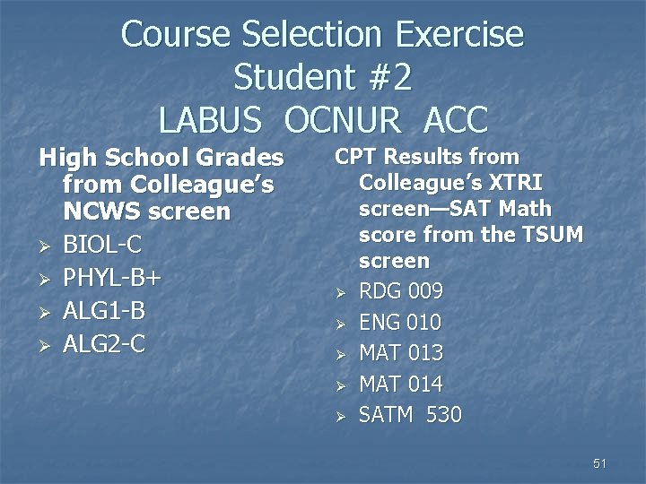 Course Selection Exercise Student #2 LABUS OCNUR ACC High School Grades from Colleague’s NCWS
