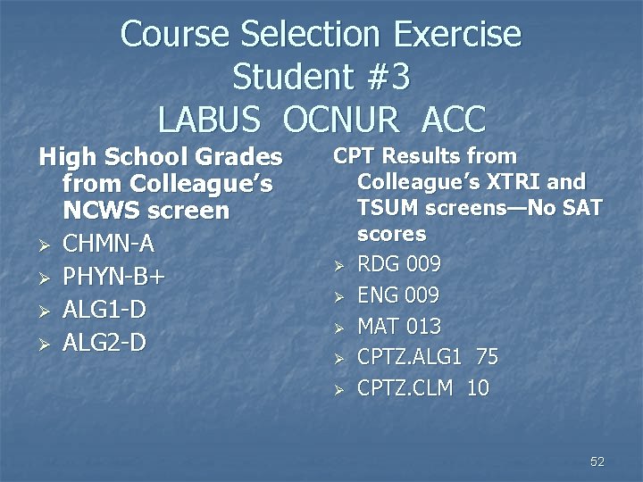 Course Selection Exercise Student #3 LABUS OCNUR ACC High School Grades from Colleague’s NCWS