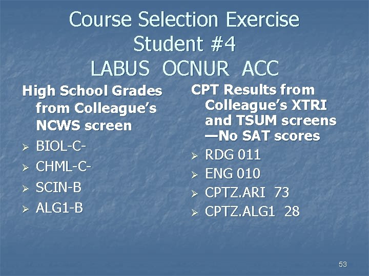 Course Selection Exercise Student #4 LABUS OCNUR ACC High School Grades from Colleague’s NCWS