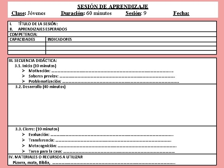 Clase: Jóvenes SESIÓN DE APRENDIZAJE Duración: 60 minutos Sesión: 9 Fecha: I. TÍTULO DE