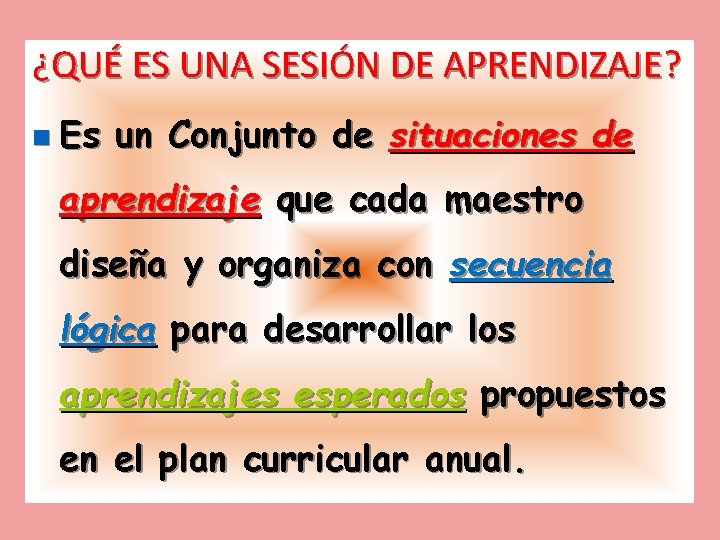 ¿QUÉ ES UNA SESIÓN DE APRENDIZAJE? n Es un Conjunto de situaciones de aprendizaje