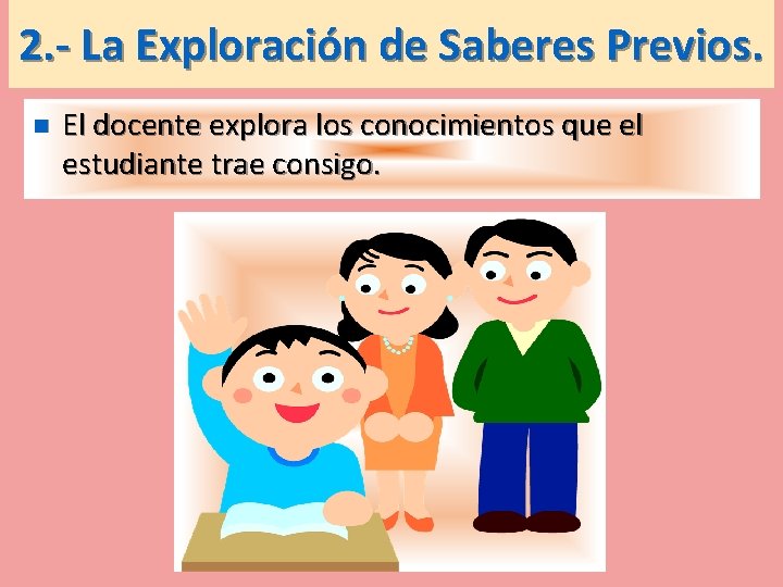 2. - La Exploración de Saberes Previos. n El docente explora los conocimientos que
