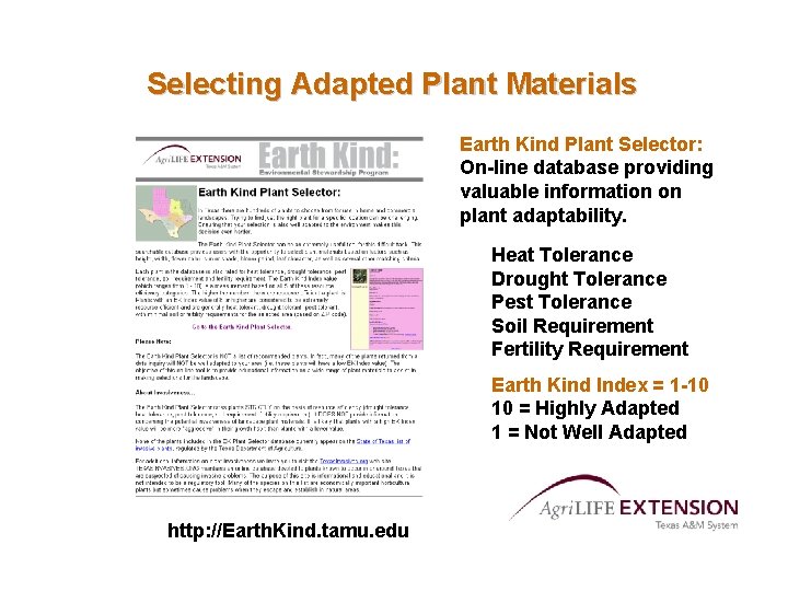 Selecting Adapted Plant Materials Earth Kind Plant Selector: On-line database providing valuable information on