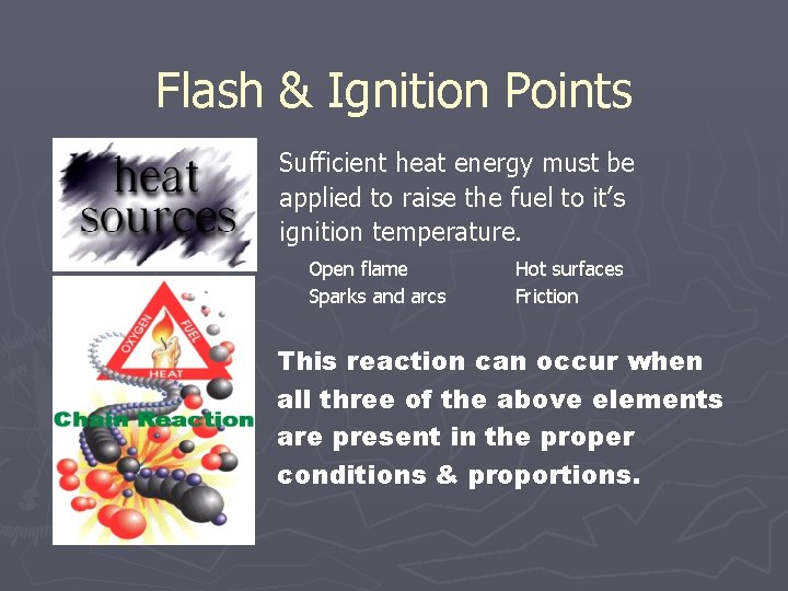 Flash & Ignition Points Sufficient heat energy must be applied to raise the fuel