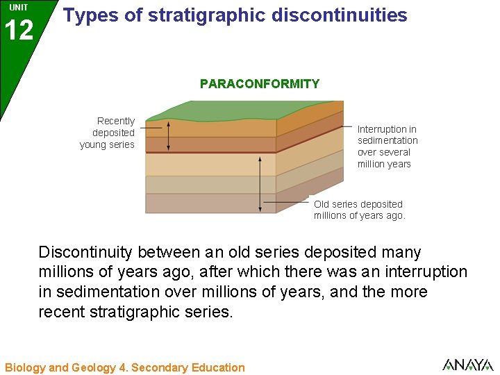 UNIT 12 3 Types of stratigraphic discontinuities PARACONFORMITY Recently deposited young series Interruption in