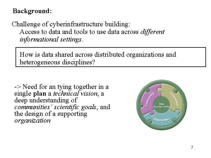 Background: Challenge of cyberinfrastructure building: Access to data and tools to use data across