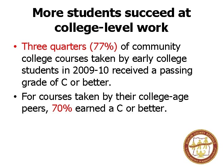 More students succeed at college-level work • Three quarters (77%) of community college courses