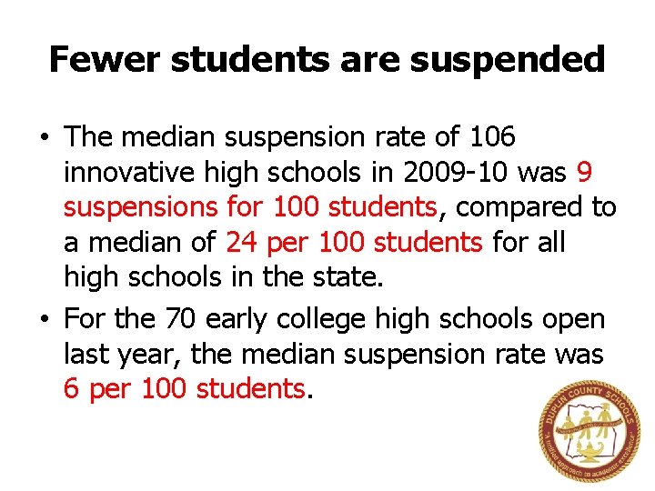 Fewer students are suspended • The median suspension rate of 106 innovative high schools