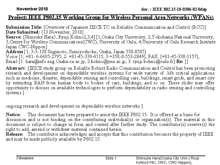 November 2018 doc. : IEEE 802. 15 -18 -0306 -02 -0 dep Project: IEEE