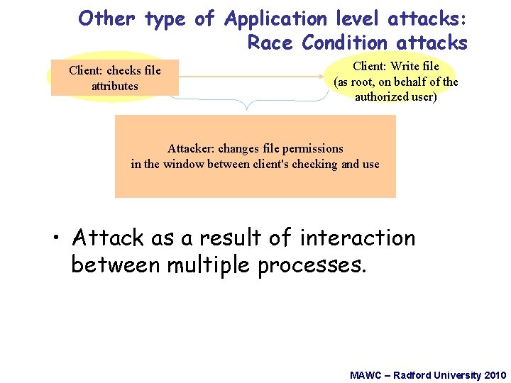 Other type of Application level attacks: Race Condition attacks Client: thefile user Client: verify