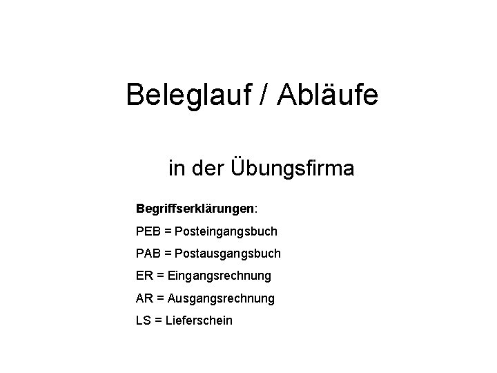 Beleglauf / Abläufe in der Übungsfirma Begriffserklärungen: PEB = Posteingangsbuch PAB = Postausgangsbuch ER