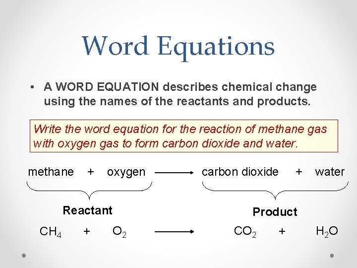 Word Equations • A WORD EQUATION describes chemical change using the names of the