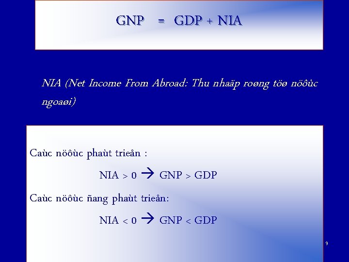 GNP = GDP + NIA (Net Income From Abroad: Thu nhaäp roøng töø nöôùc