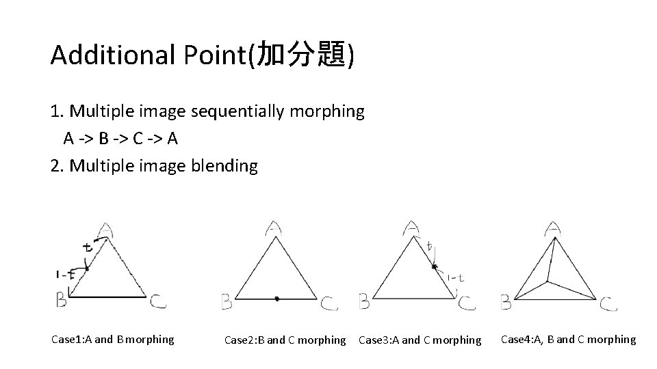 Additional Point(加分題) 1. Multiple image sequentially morphing A -> B -> C -> A