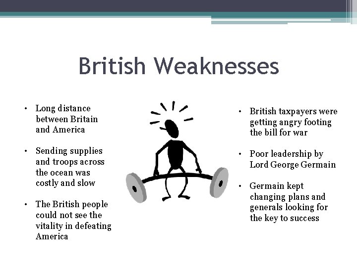 British Weaknesses • Long distance between Britain and America • British taxpayers were getting