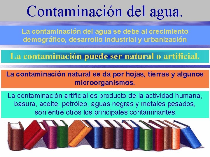 Contaminación del agua. La contaminación del agua se debe al crecimiento demográfico, desarrollo industrial