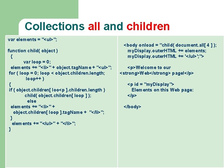 Collections all and children var elements = "<ul>"; function child( object ) { var