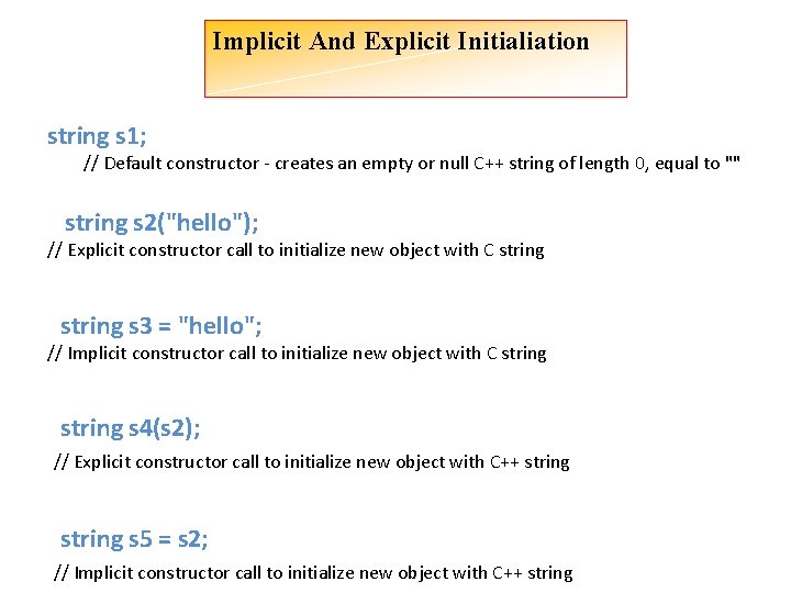 Implicit And Explicit Initialiation string s 1; // Default constructor - creates an empty