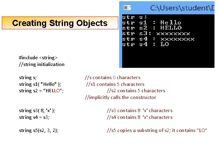 Creating String Objects #include <string> //string initialization string s; string s 1( "Hello" );