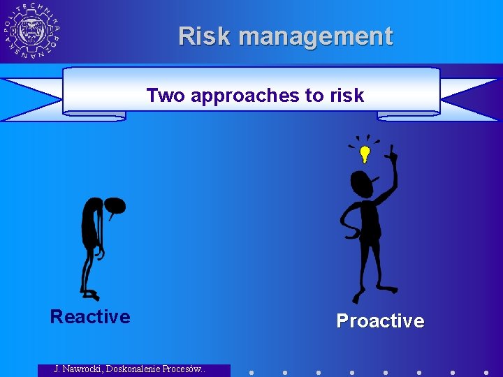 Risk management Two approaches to risk Reactive J. Nawrocki, Doskonalenie Procesów. . Proactive 