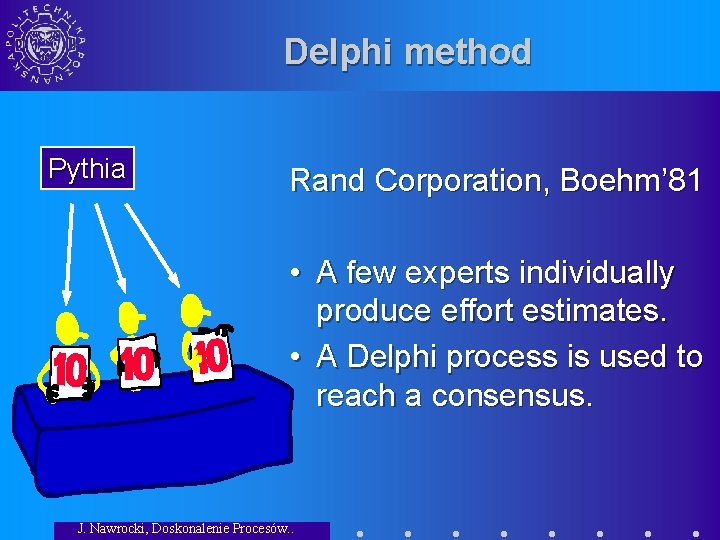 Delphi method Pythia Rand Corporation, Boehm’ 81 • A few experts individually produce effort