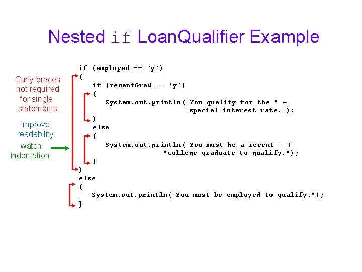 Nested if Loan. Qualifier Example Curly braces not required for single statements improve readability