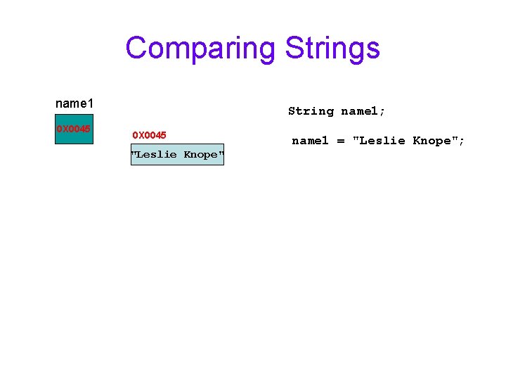 Comparing Strings name 1 0 X 0045 String name 1; 0 X 0045 "Leslie