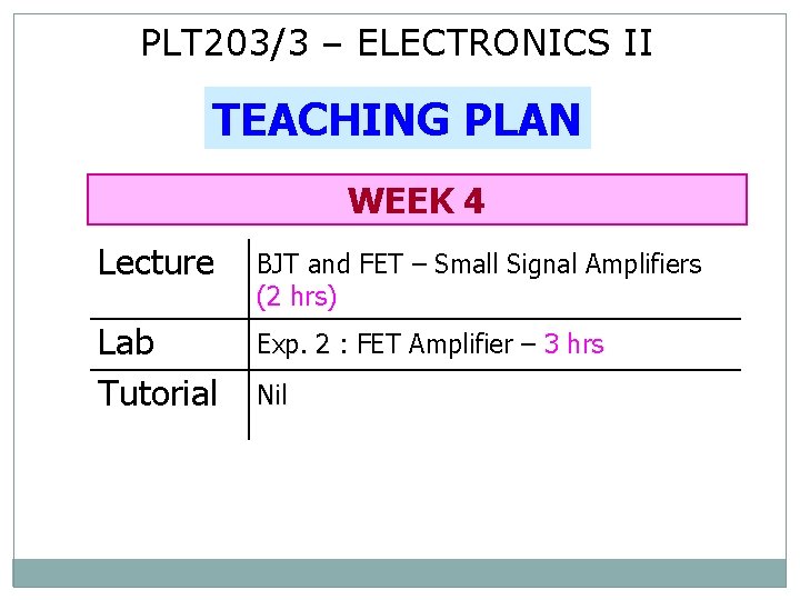 PLT 203/3 – ELECTRONICS II TEACHING PLAN WEEK 4 Lecture BJT and FET –