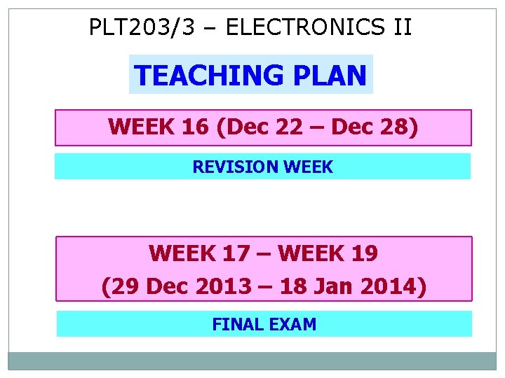 PLT 203/3 – ELECTRONICS II TEACHING PLAN WEEK 16 (Dec 22 – Dec 28)