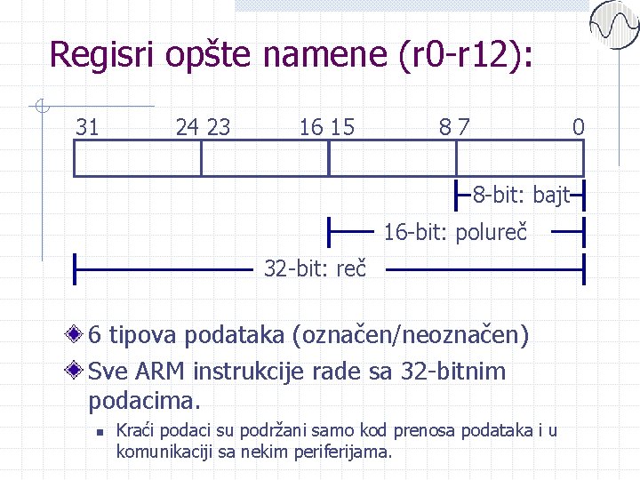 Regisri opšte namene (r 0 -r 12): 31 24 23 16 15 87 0