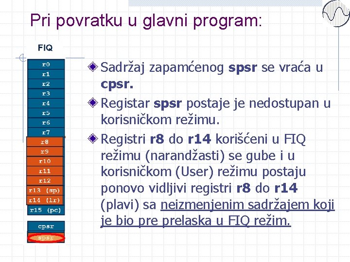 Pri povratku u glavni program: Sadržaj zapamćenog spsr se vraća u cpsr. Registar spsr